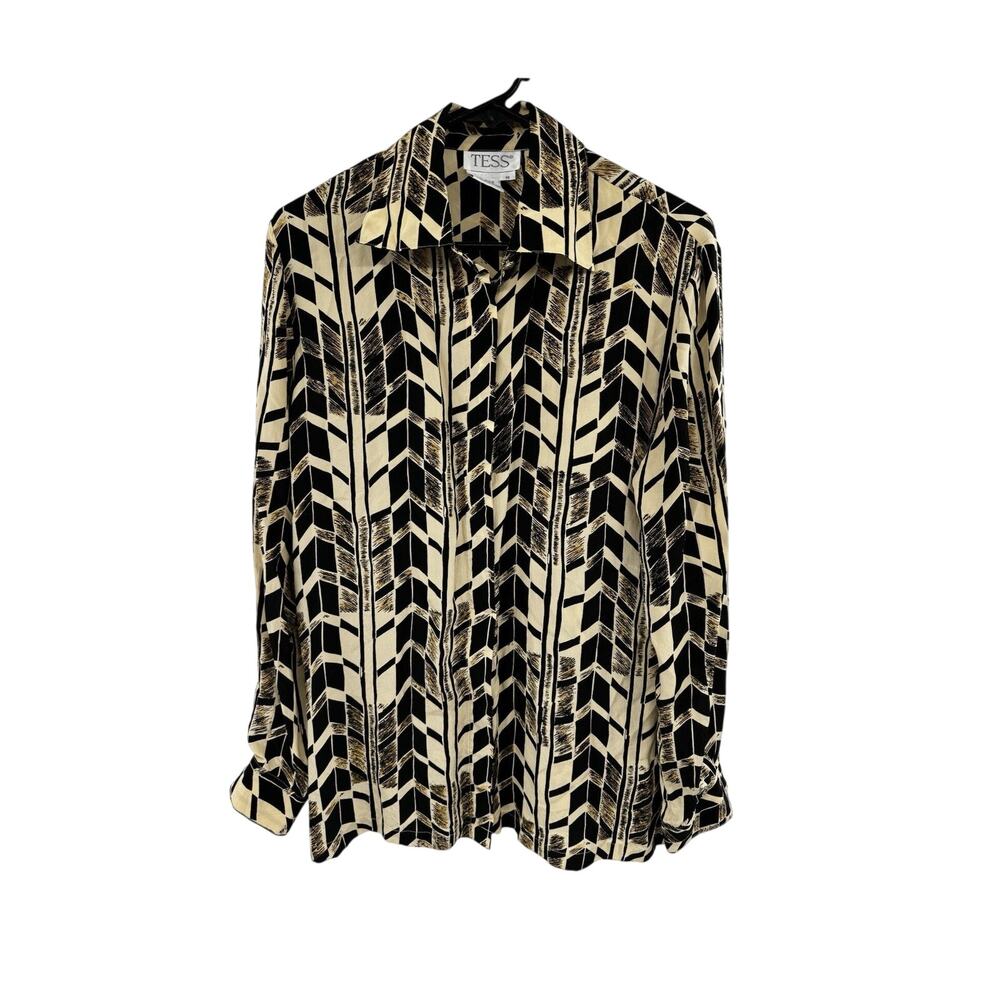 Tess Black and Gold Herringbone Vintage Collared Blouse Long Sleeve Silk Size M